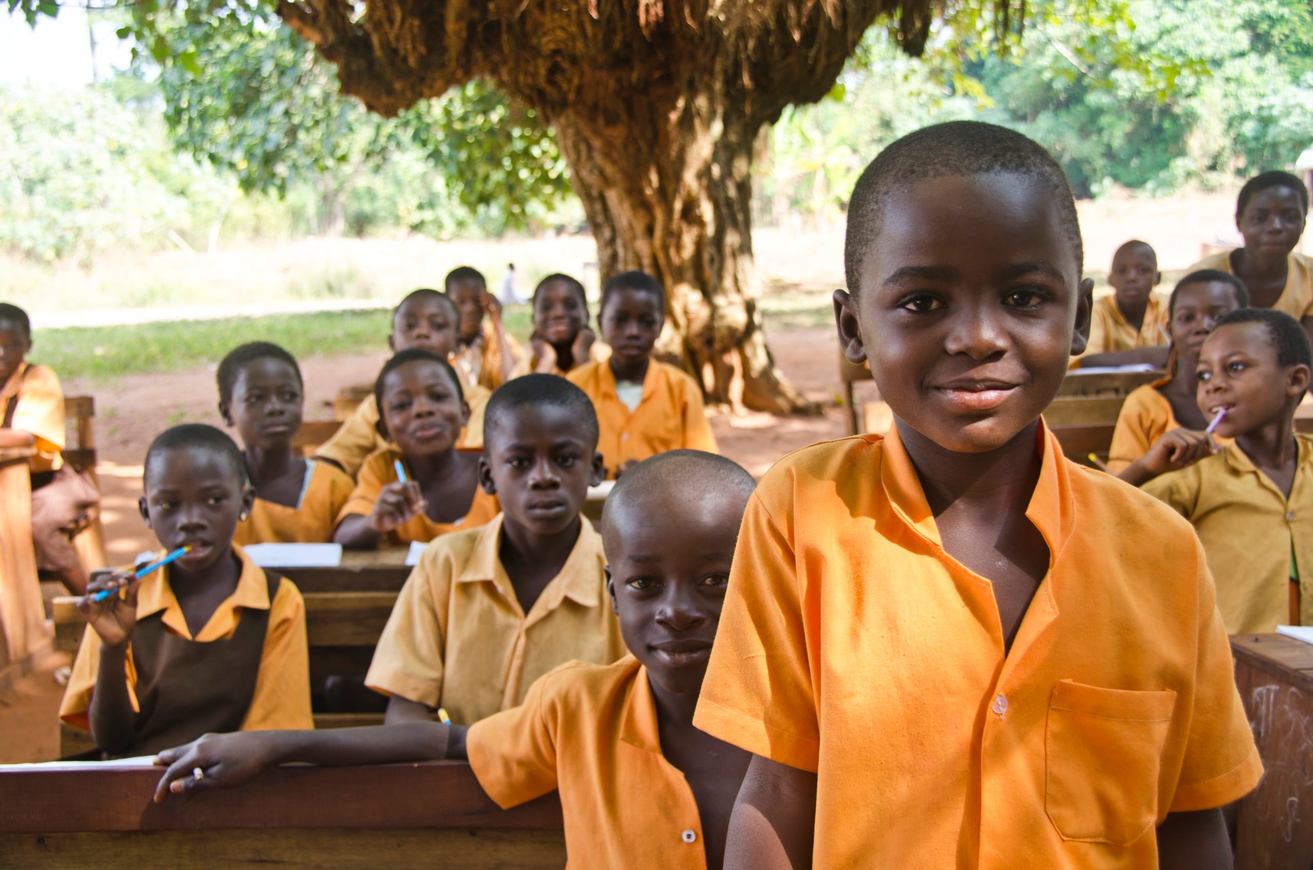 Children studying outdoors under trees in Ghana, highlighting Ghanaian children's education challenges.